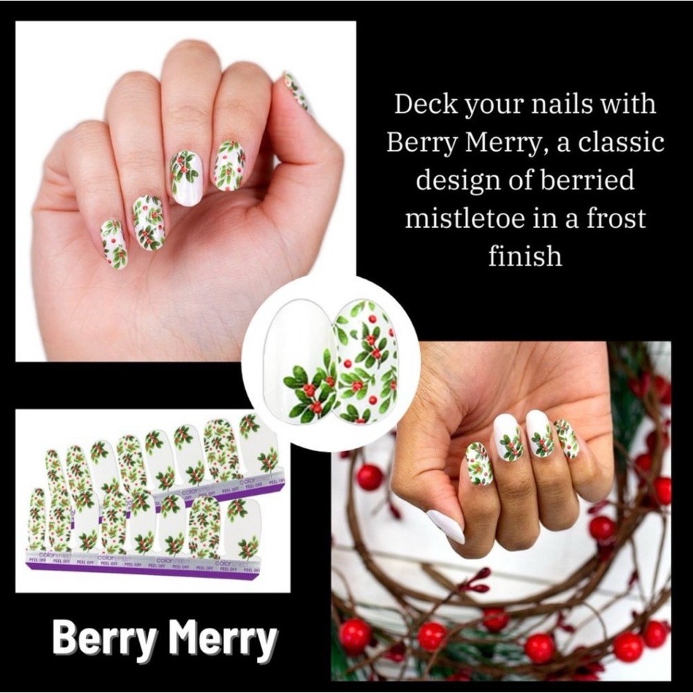 Color Street Berry Merry White Nails with Green Leaves and Red Berries
